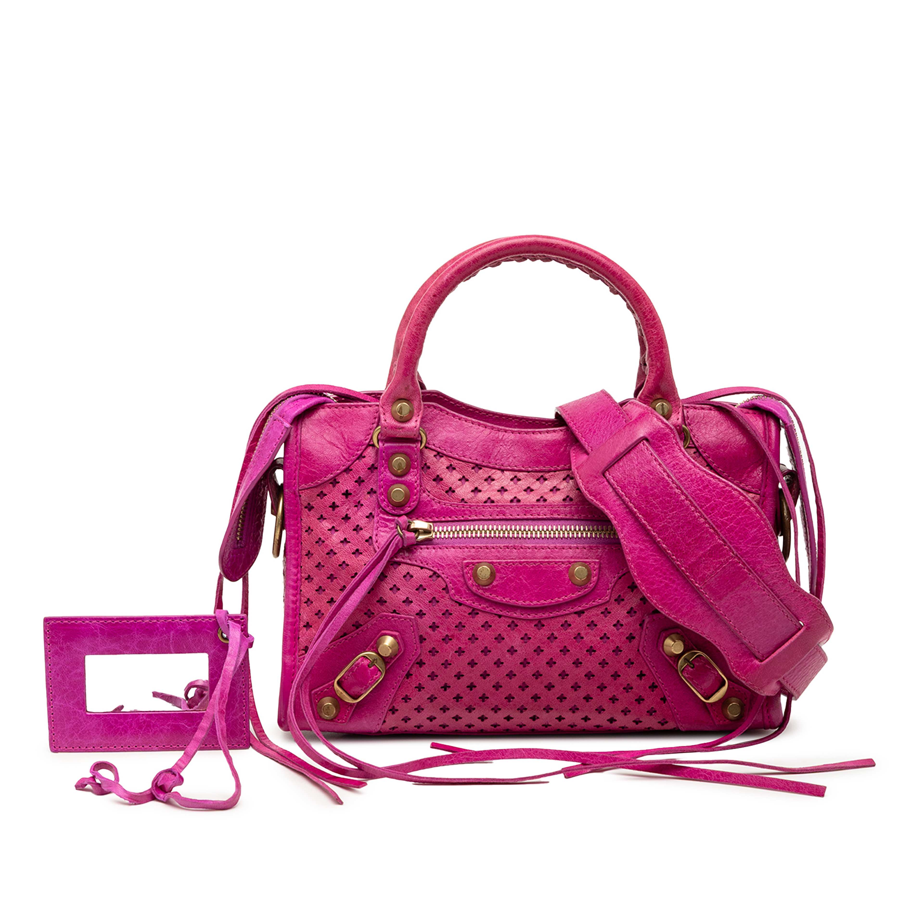 Balenciaga Mini Lambskin Motocross Stadio Laser Cut Cross Giant 12 City Satchel, från Luxclusif, i färgen rosa. Klicka för att öppna bilden i stort format