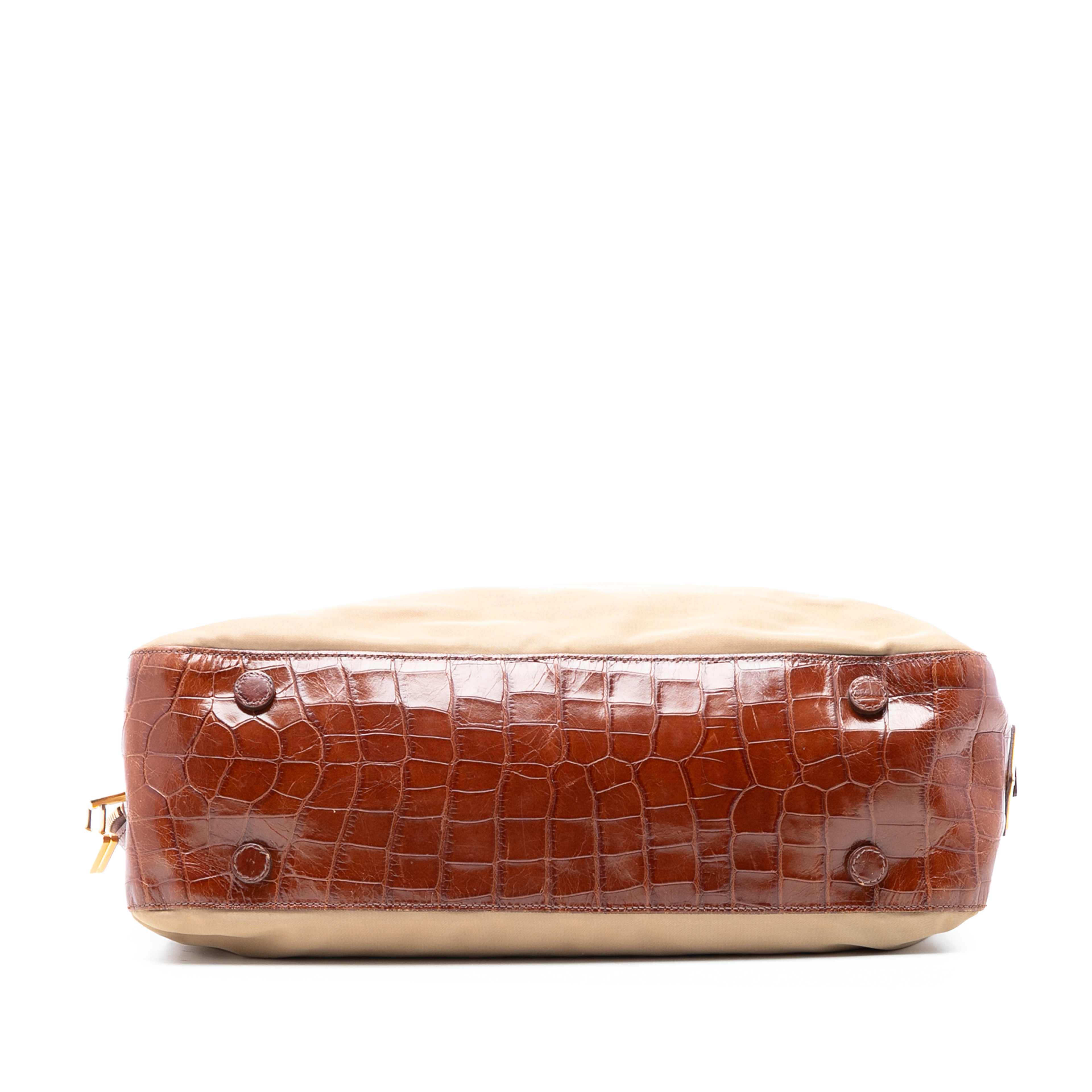 Prada Croc Embossed Leather Trimmed Tessuto Shoulder Bag, från Luxclusif, i färgen beige. Klicka för att öppna bilden i stort format