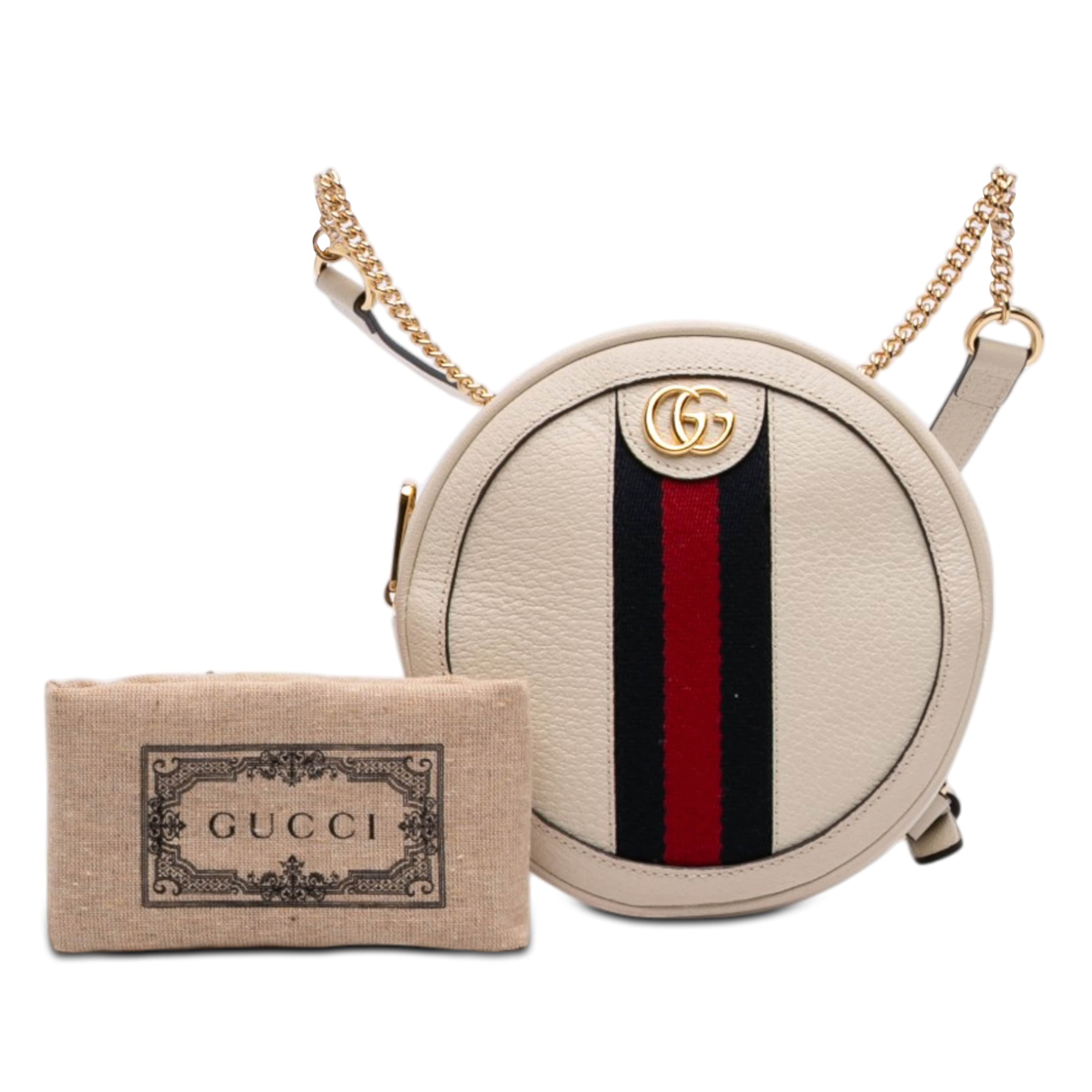 Gucci Mini Leather Round Ophidia Backpack, från Luxclusif, i färgen vit. Klicka för att öppna bilden i stort format