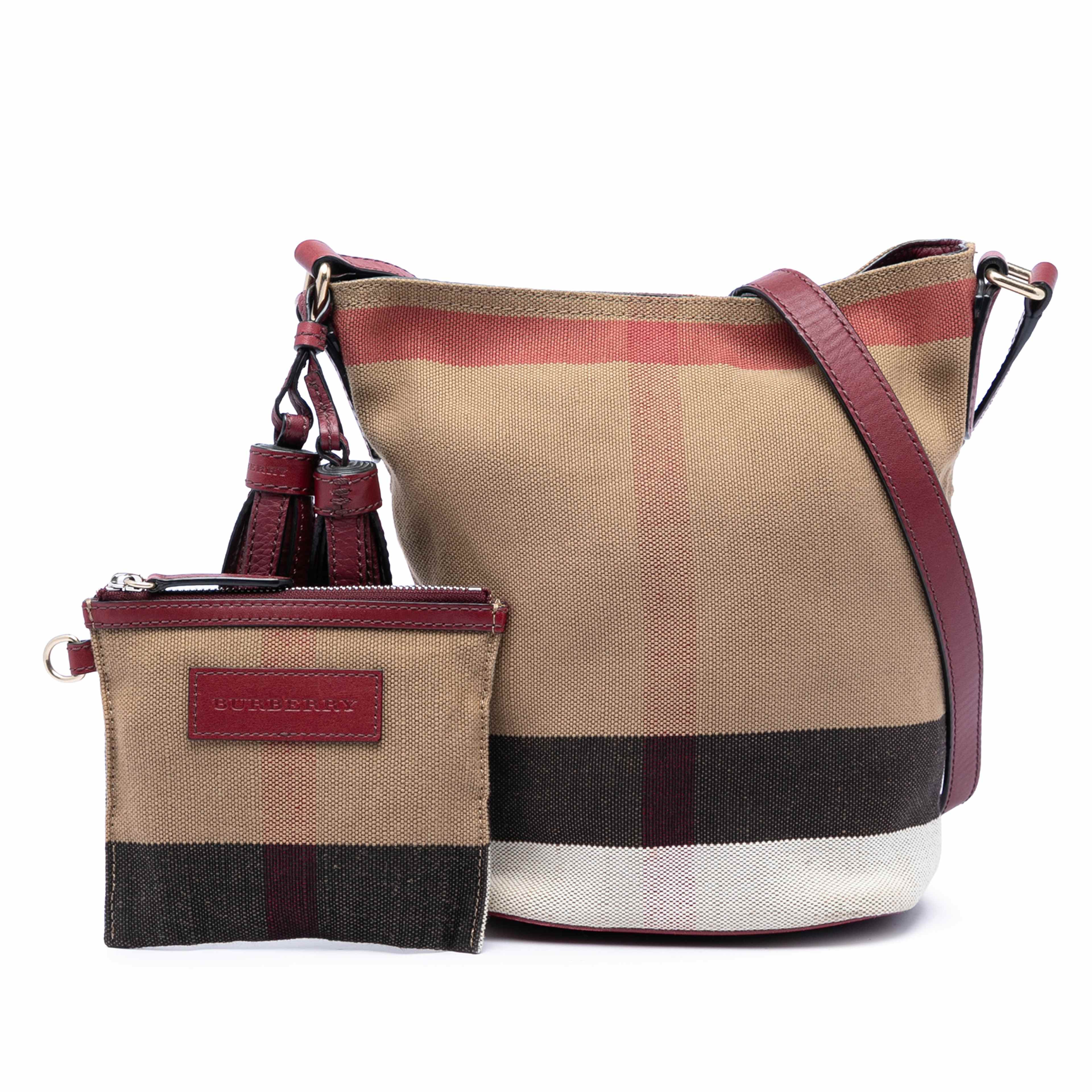 Burberry Mini Mega Check Canvas Ashby Tassel Bucket Bag, från Luxclusif, i färgen brun. Klicka för att öppna bilden i stort format