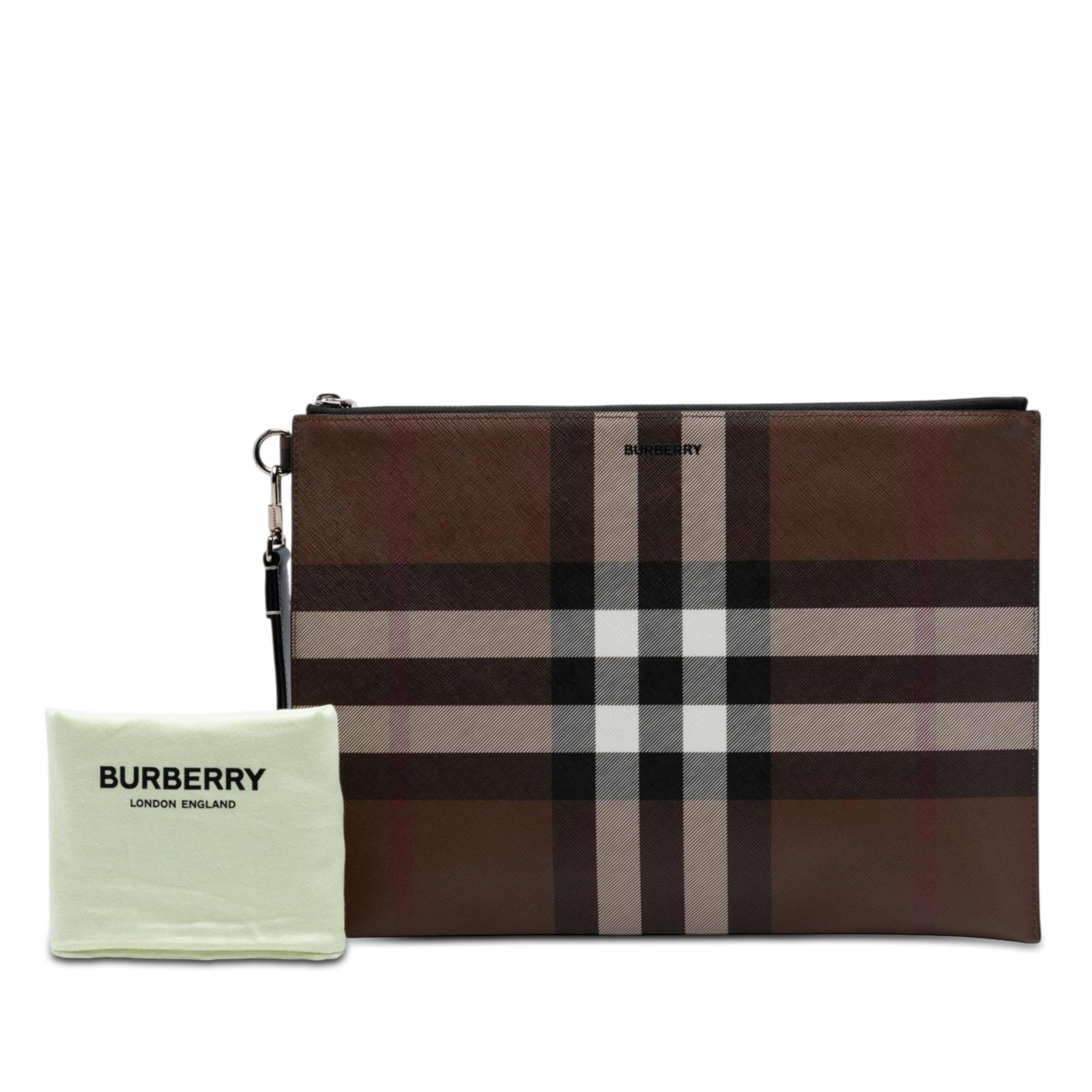 Burberry Check Coated Canvas Zip Pouch, från Luxclusif, i färgen brun. Klicka för att öppna bilden i stort format