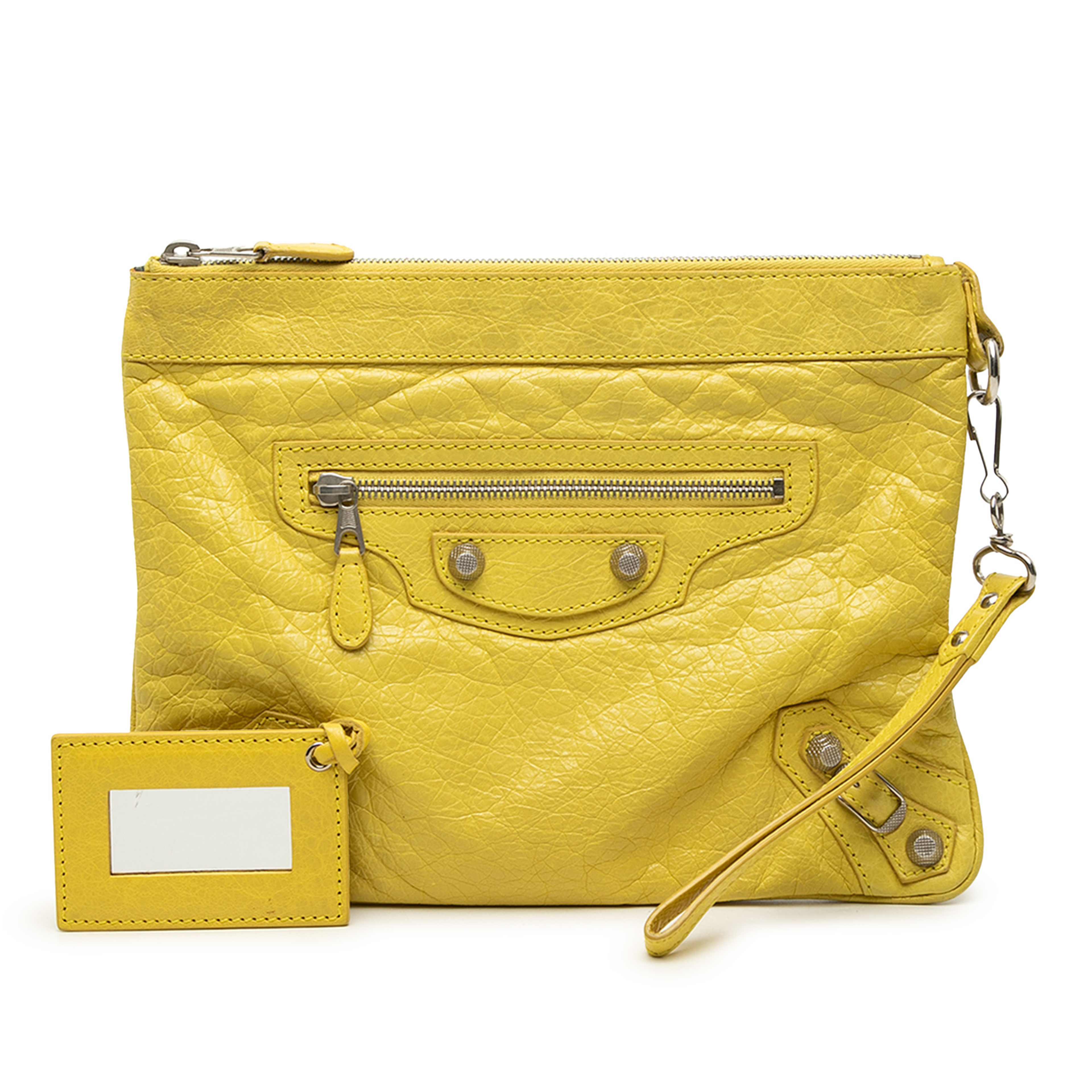 Balenciaga Lambskin Motocross Giant 12 Clutch, från Luxclusif, i färgen gul. Klicka för att öppna bilden i stort format