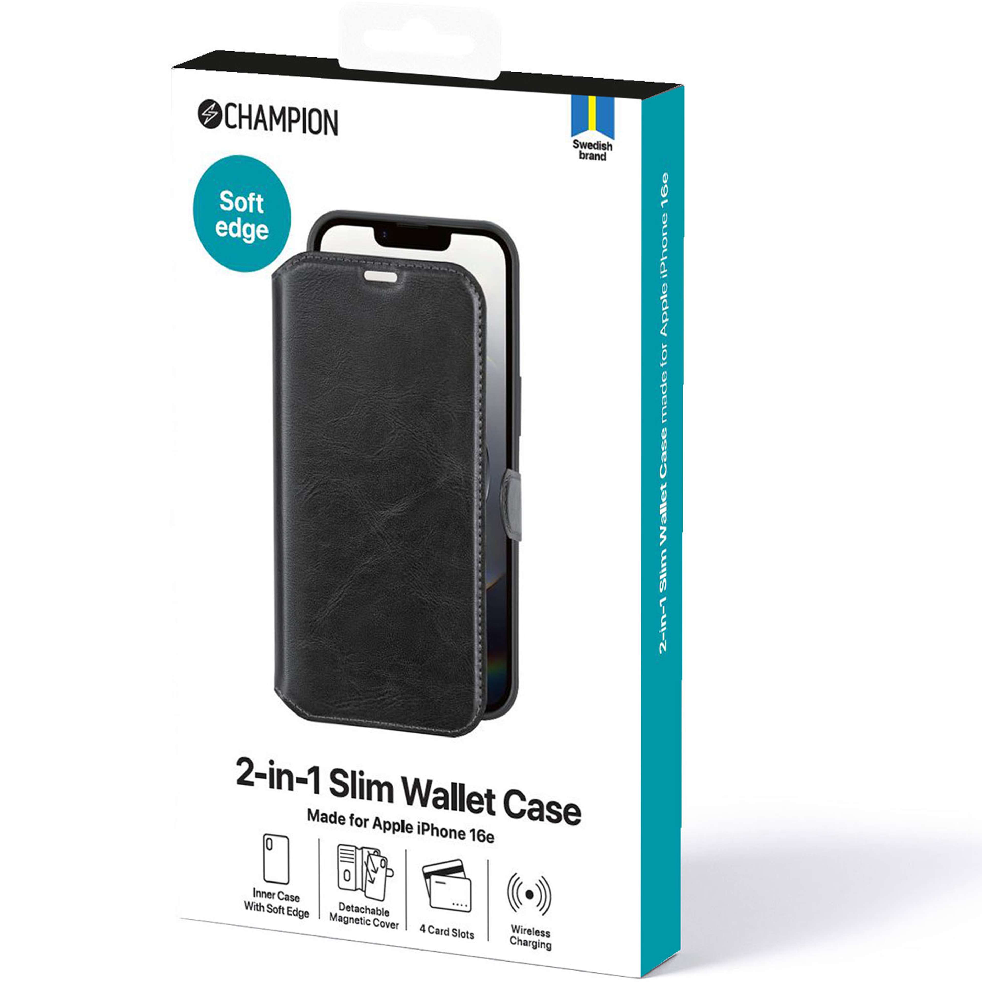 2-in-1 Slim Wallet Iphone 16e, från Champion Nordic, i färgen svart. Klicka för att öppna bilden i stort format
