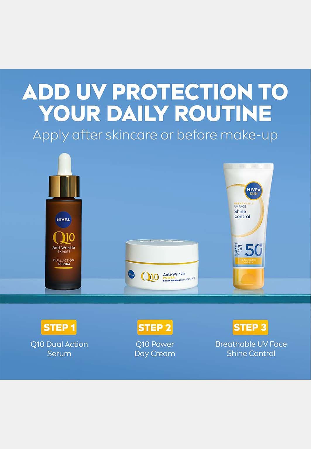 Solskydd ansikte UV Face Shine Control SPF50+, från NIVEA.