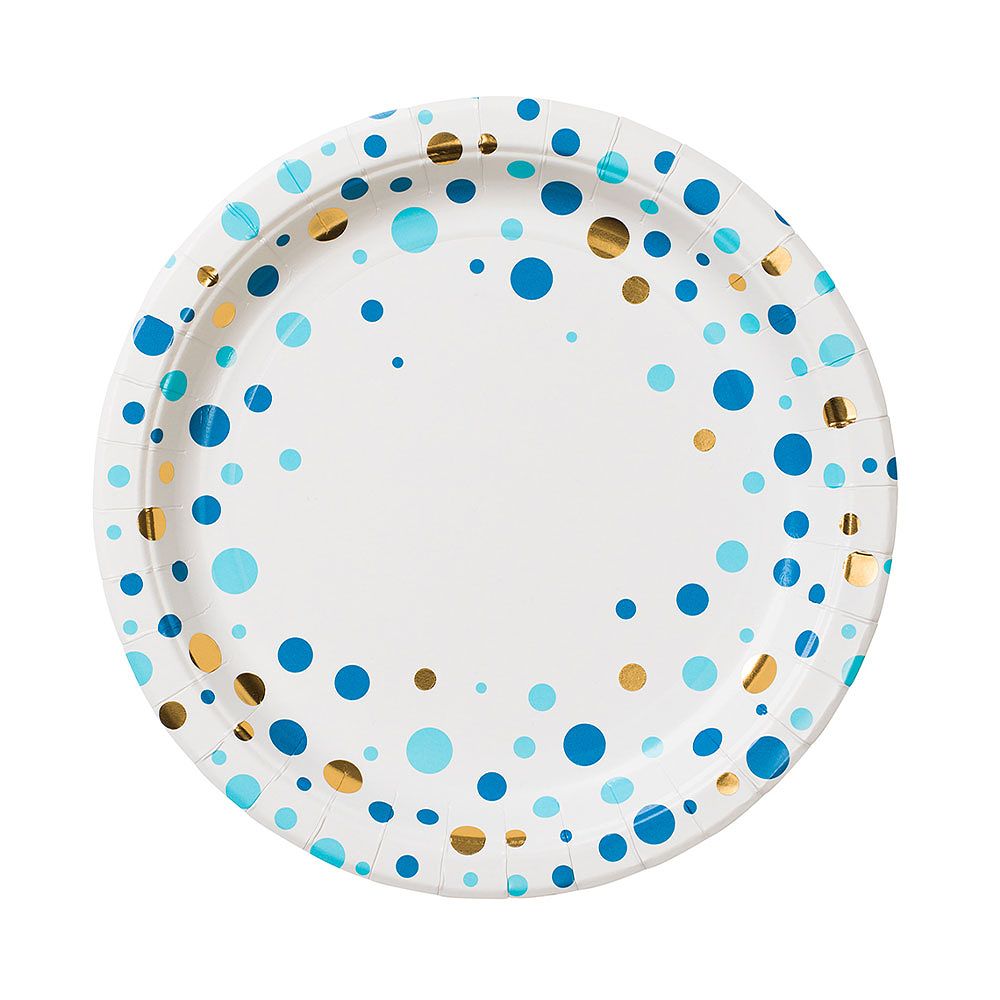 Papperstallrik rund 23cm, 8st, Blå prickar med guldfolie, från Design House 95, i färgen Multicolor.