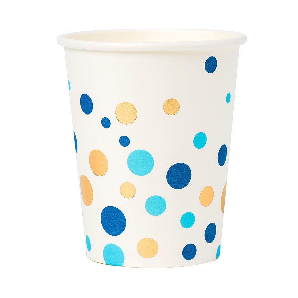 Pappersmuggar 8st, Blå prickar med guldfolie, från Design House 95, i färgen Multicolor.