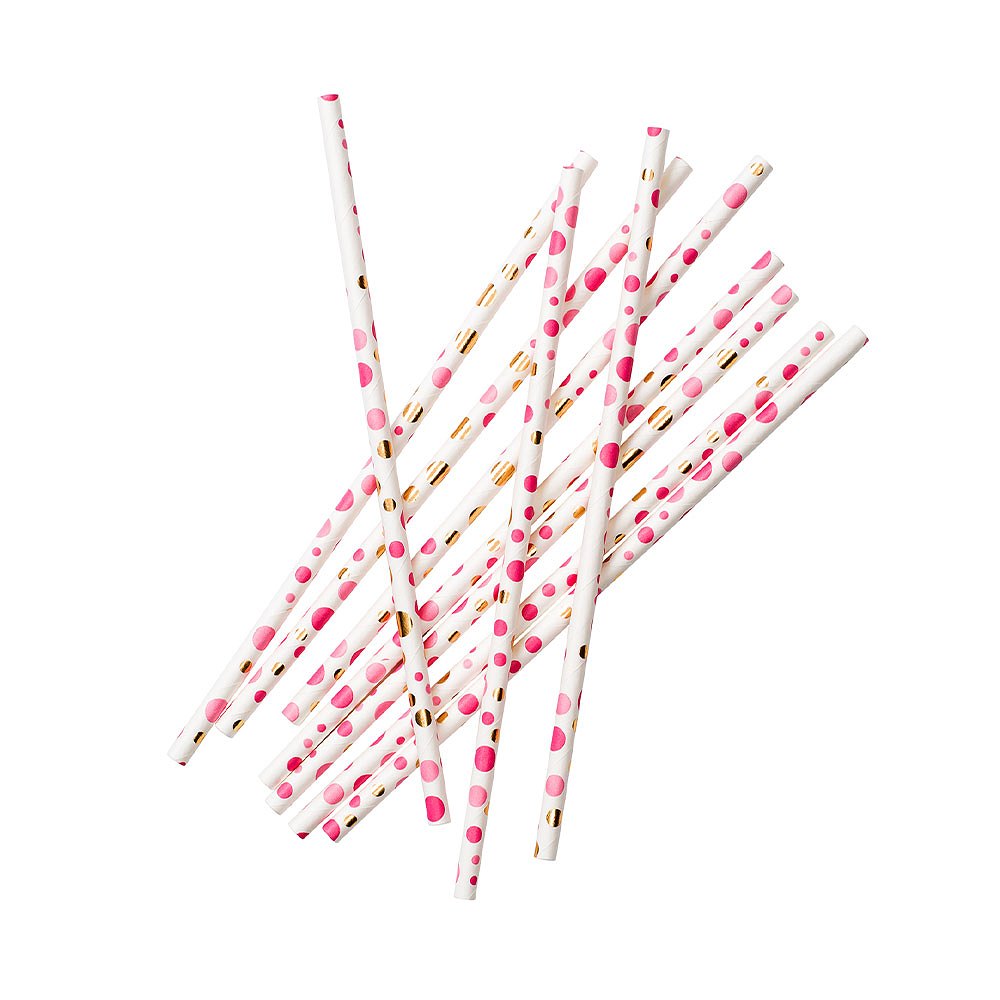Pappersugrör 24st, Rosa prickar med guldfolie, från Design House 95, i färgen Pink.