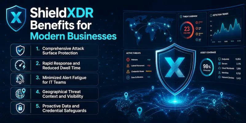 ShieldXDR benefits for modern businesses showing attack surface protection, rapid response, alert fatigue reduction, geographical threat visibility, and data credential safeguards.