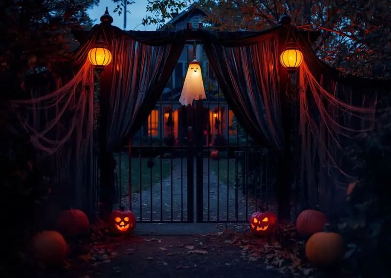 A budget-friendly Halloween garden transformation featuring glowing pathway lights, pumpkins, and spooky outdoor decor ideas. Halloween garden pathway decorated with glowing orange jars, pumpkins, and spooky lighting setup at night