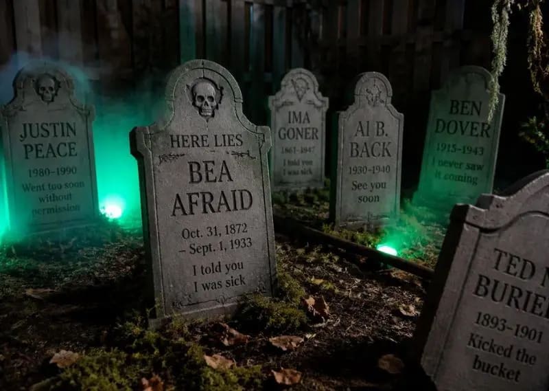 Budget-friendly DIY graveyard setup for a scary Halloween garden corner display. DIY Halloween graveyard setup with tombstones, moss, and eerie green lighting in garden corner