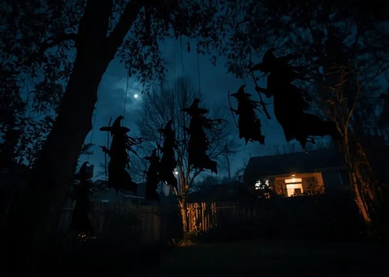 DIY hanging witch silhouettes for a spooky flying effect in Halloween garden decoration. Hanging witch silhouettes in Halloween garden trees creating spooky flying illusion at night