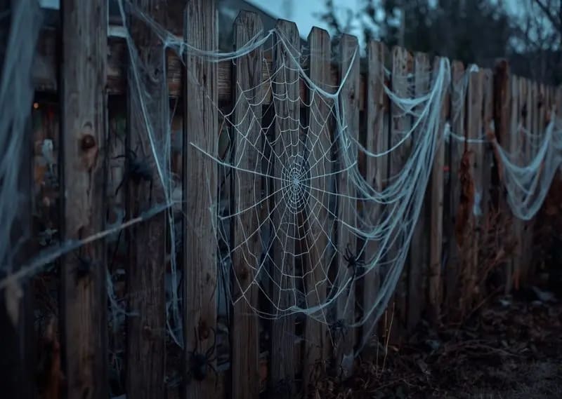 Simple spider web fence decoration idea for a creepy yet budget Halloween outdoor look. Halloween garden fence decorated with fake spider webs and plastic spiders for spooky effect