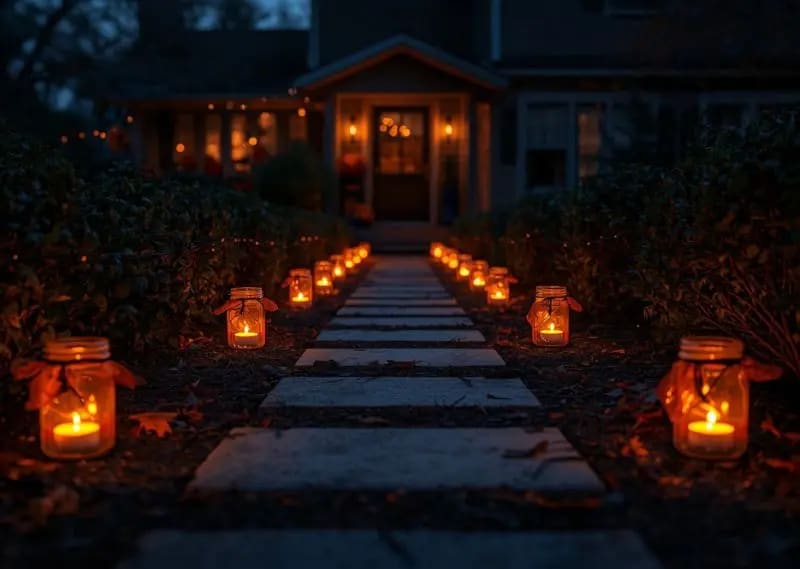 DIY spooky pathway lighting using mason jars and LED candles for a budget Halloween garden makeover. Halloween garden pathway lighting with mason jars and orange LED candles creating spooky outdoor atmosphere