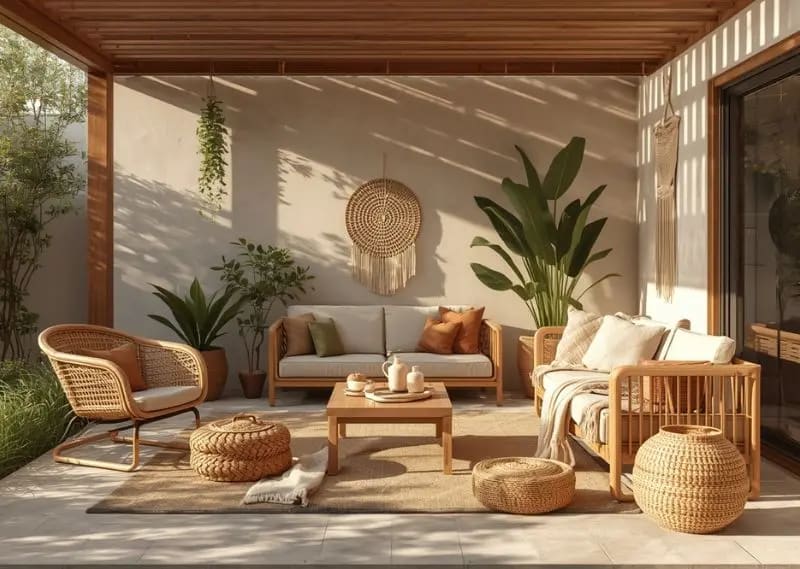 A beautiful boho-modern patio blending natural textures with clean modern outdoor design Boho modern patio design with rattan furniture and earthy natural tones