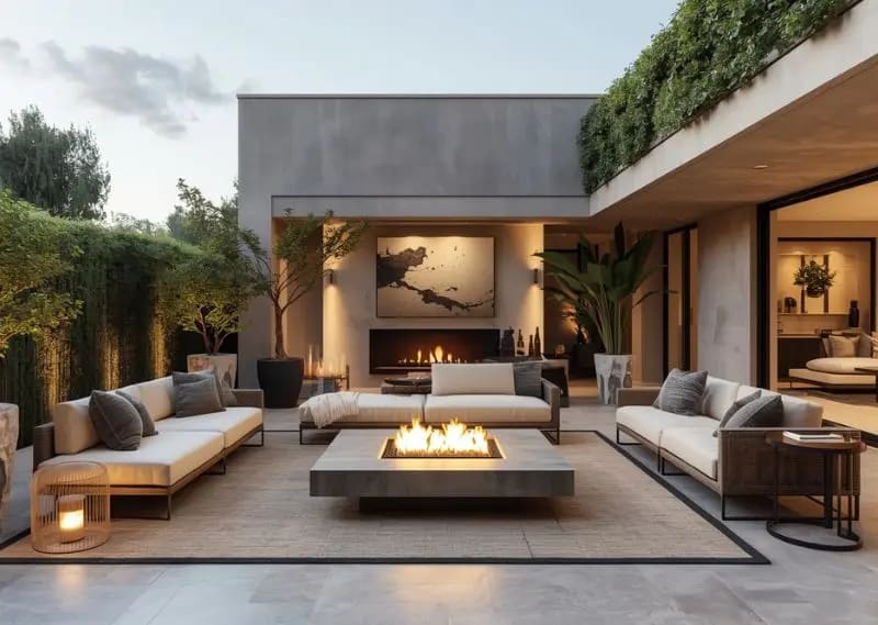 High-end modern patio styling with curated decor, luxury furniture, and elegant outdoor atmosphere Luxury modern patio design with premium furniture and expensive aesthetic outdoor styling