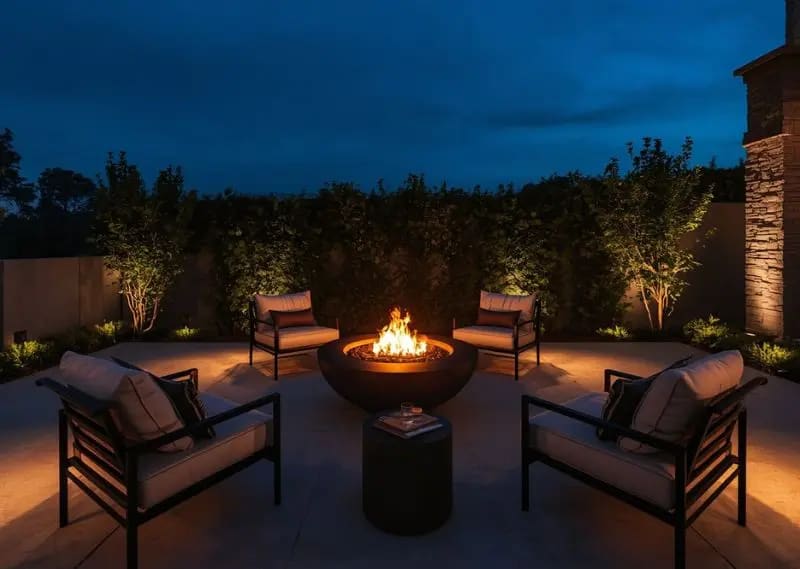 Elegant fire pit patio design serving as a cozy centerpiece for modern outdoor gatherings Modern patio fire pit seating area with warm evening lighting and cozy chairs