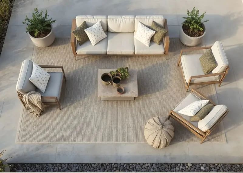 Stylish outdoor rug and textile layering that defines a cozy modern patio seating area Modern patio outdoor rug with cushions and layered textiles in neutral tones
