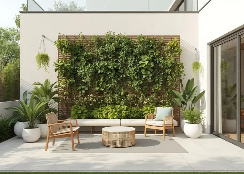 Modern patio greenery ideas featuring vertical garden walls and potted plants for a fresh outdoor feel Vertical garden wall patio with lush greenery and modern outdoor decor