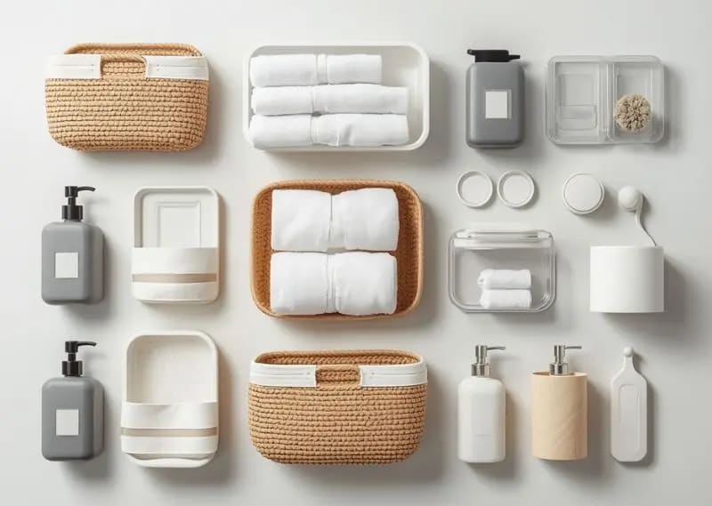 Bathroom organization products including bins, baskets, hooks, and drawer dividers