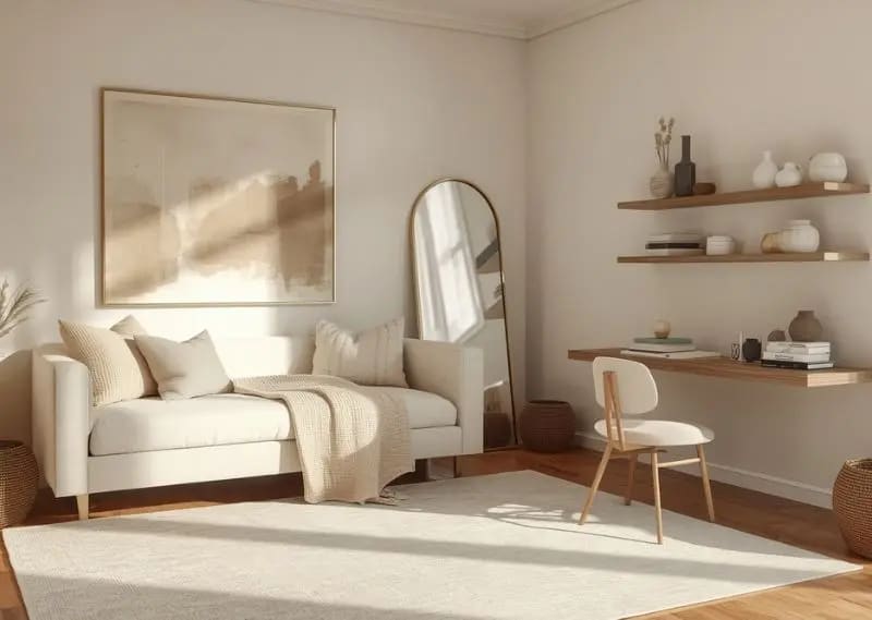Minimal wall decor guest room office with oversized mirror and simple elegant artwork