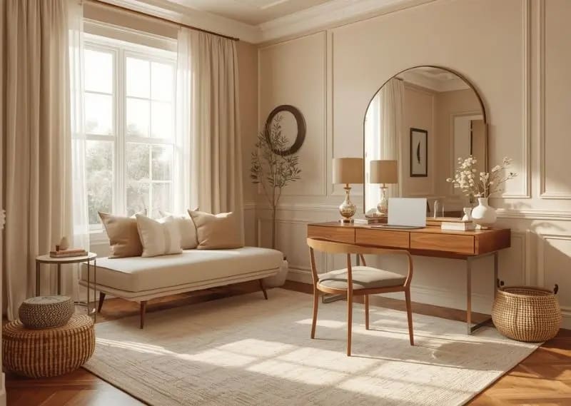 Warm neutral color palette guest room office with beige, cream, and wood tones interior design