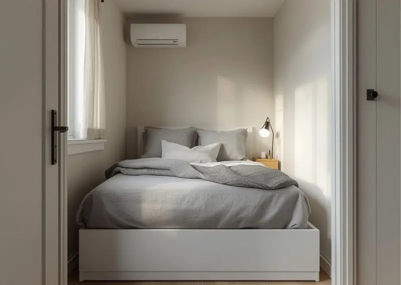 Budget-friendly storage bed in a realistic tiny apartment bedroom