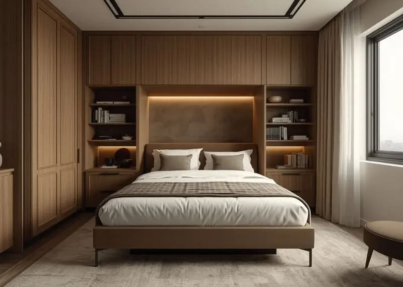 Transforming Murphy-style storage bed inside a tiny studio apartment