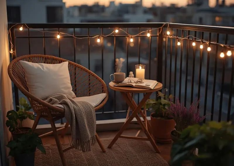 A simple coffee or tea corner makes a balcony feel functional, relaxing, and personal. Small balcony coffee corner with wooden table, candle, tea mug, and cozy seating