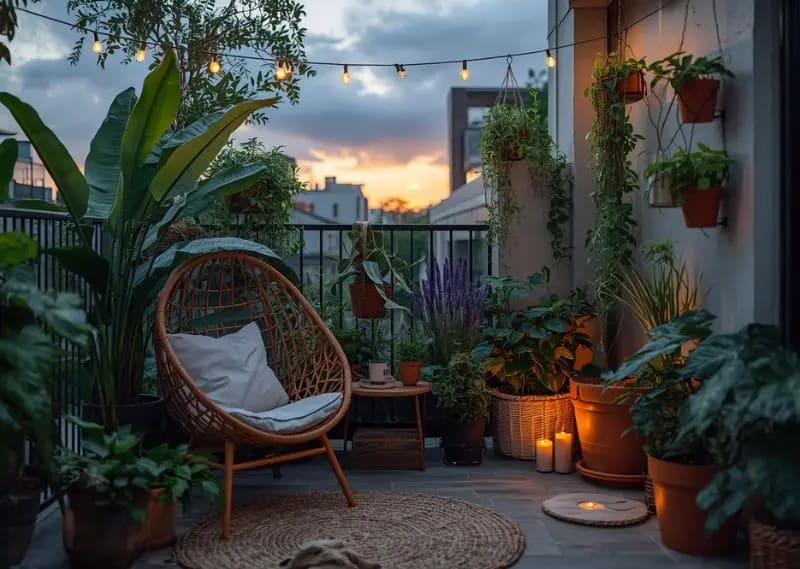 Plants add privacy, texture, and a peaceful atmosphere to cozy balcony spaces. Apartment balcony filled with green plants, hanging ivy, and warm evening lighting