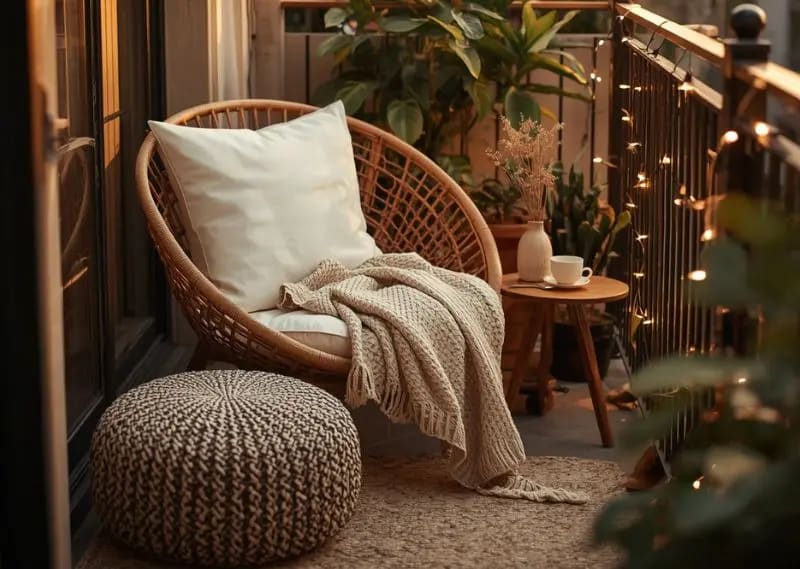 Comfortable seating is the foundation of a relaxing balcony design, especially in small apartment spaces. Comfortable rattan balcony chair with cushions and cozy throw blanket on a small apartment balcony
