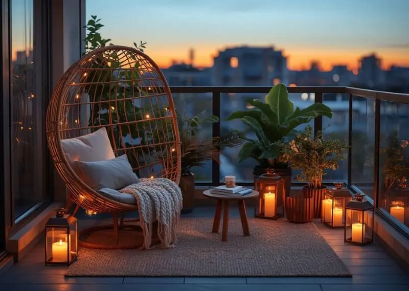 A thoughtfully styled balcony can become the most peaceful and inviting space in your home. Dreamy cozy balcony with warm lights, plants, soft textures, and relaxing evening atmosphere