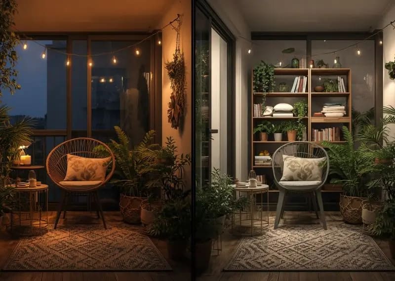 Avoiding clutter, harsh lighting, and mismatched decor helps small balconies feel more relaxing and spacious. Comparison between a cozy styled balcony and a cluttered poorly decorated balcony