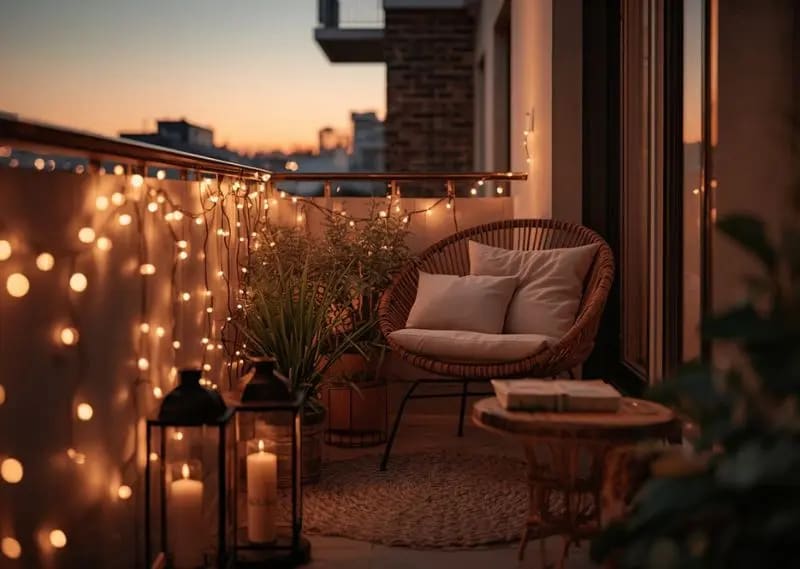 Warm balcony lighting instantly transforms a simple outdoor space into a cozy evening retreat. Small balcony decorated with warm string lights and lanterns during evening