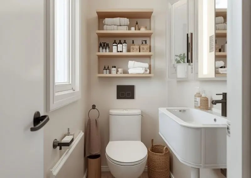 Vertical bathroom storage solutions create more organization without taking up floor space. Small bathroom with vertical shelving and hidden cabinet storage