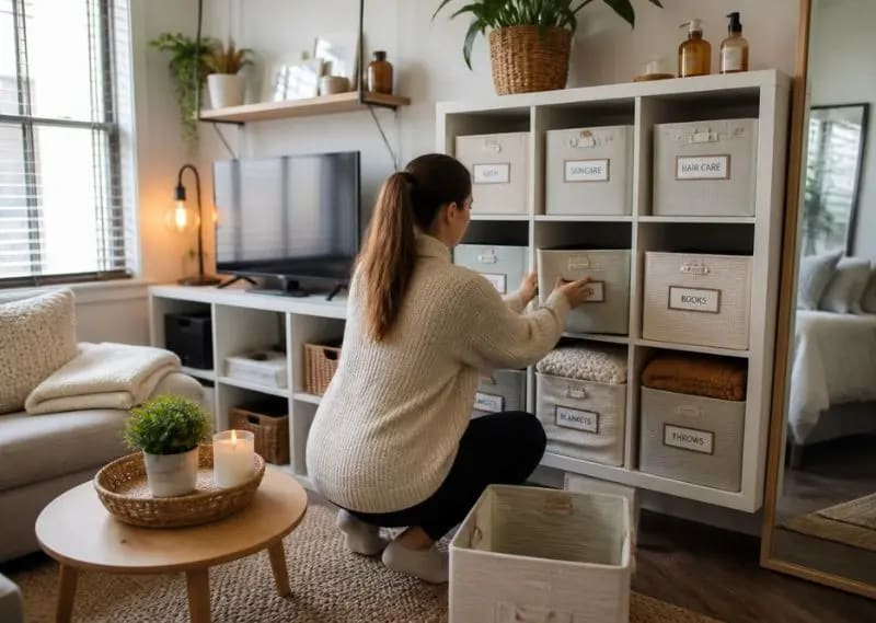 Simple decluttering habits help maintain an organized and stress-free home environment. Woman organizing storage bins in a clean minimalist apartment