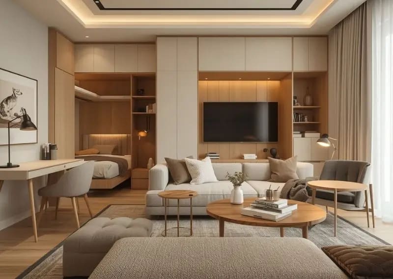 Multi-functional furniture helps small apartments feel larger, cleaner, and more practical. Studio apartment featuring multi-functional space-saving furniture