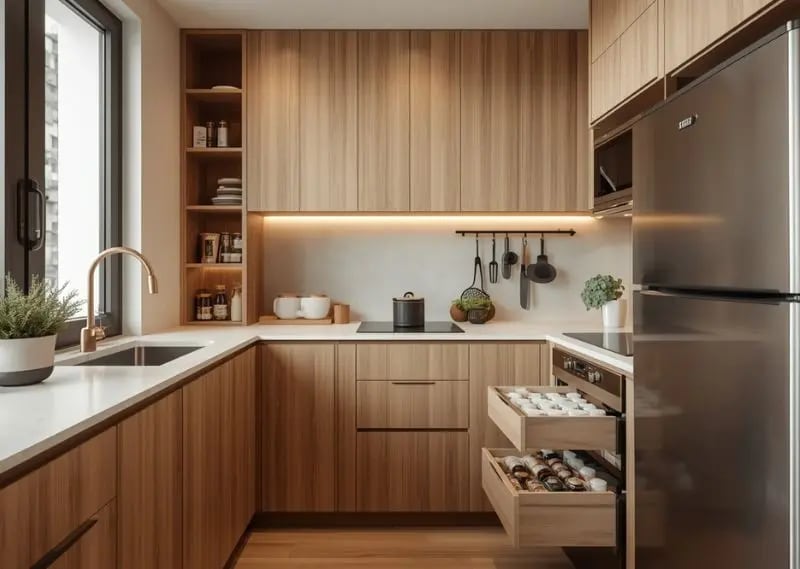Small kitchen storage ideas help maximize cabinet space while keeping countertops clutter free. Compact kitchen with vertical organizers and smart storage solutions