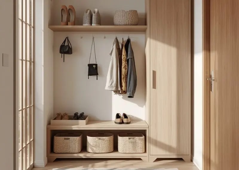 A well-organized entryway keeps daily clutter under control and makes small homes feel instantly cleaner. Small apartment entryway with shoe cabinet, storage bench, and wall hooks