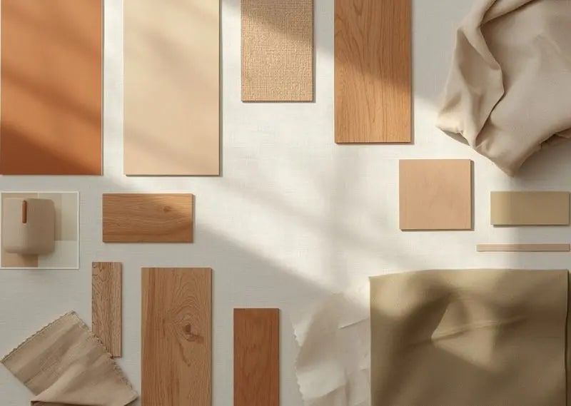 Earth-tone color palette inspiration for cozy small apartment interiors using warm natural tones and textures Earth-tone color palette flat lay with beige, terracotta, olive green, wood textures, and linen fabric samples arranged for interior design planning