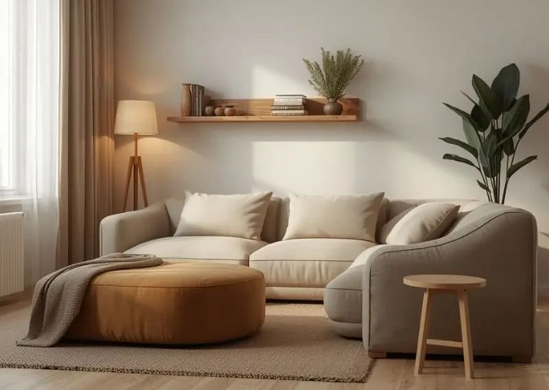 Smart furniture selection for small apartments using earth-tone colors and space-saving minimalist design Compact apartment furniture arrangement in earth tones featuring wooden coffee table, beige sofa, storage ottoman, and minimal Scandinavian style design