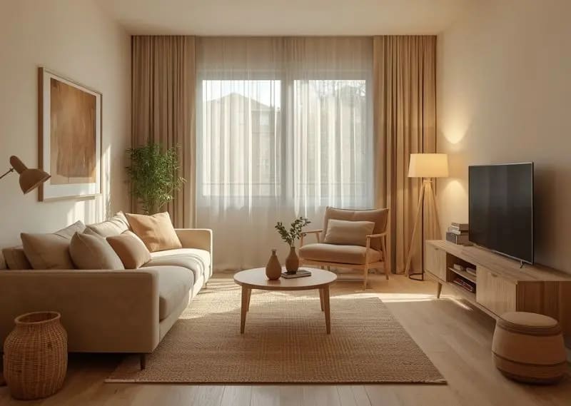 Small apartment glow created with earth-tone decor, warm lighting, and minimal cozy styling for a spacious aesthetic feel Cozy earth-tone small apartment living room with warm beige sofa, wooden furniture, soft lighting glow, and minimal Scandinavian boho decor styling in compact space