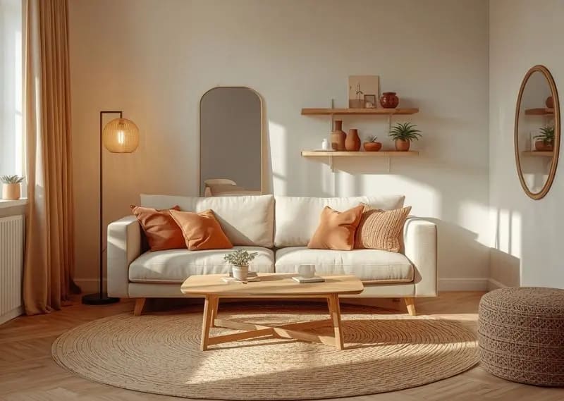Cozy earth-tone living room setup ideas for small apartments with warm minimalist interior styling Small cozy apartment living room styled in earth tones with beige sofa, jute rug, wooden table, warm lighting, and minimal modern decor setup