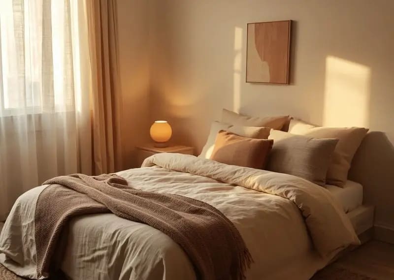 Earth-tone bedroom ideas for small spaces with cozy minimal styling and warm relaxing atmosphere Cozy small bedroom in earth tones with beige bedding, wooden bedside table, warm lighting, and minimalist calming interior design