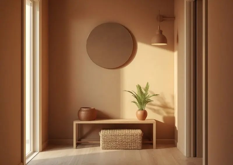 Earth-tone entryway ideas for small apartments creating warm welcoming first impression with minimal decor Small apartment entryway styled in earth tones with wooden bench, mirror, woven basket, and warm welcoming cozy design aesthetic