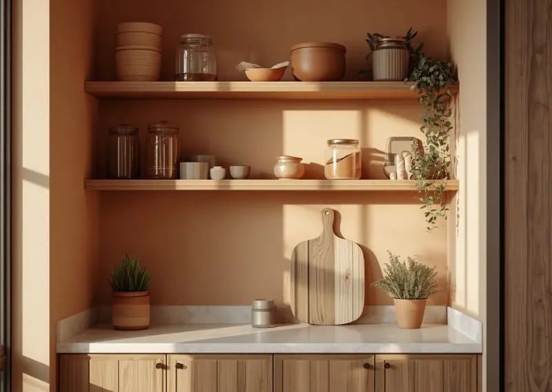Cozy earth-tone kitchen corner ideas for small apartments with warm natural materials and minimal styling Small kitchen corner styled in earth tones with wooden shelves, ceramic jars, terracotta pots, and clean minimalist apartment design
