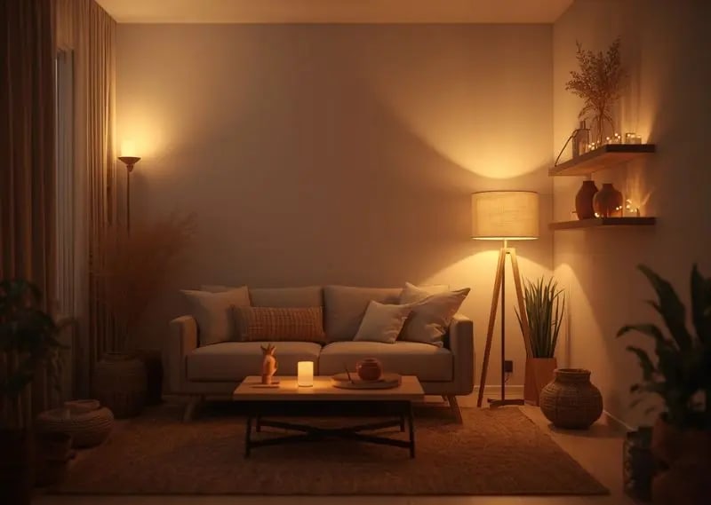 Layered lighting ideas for cozy earth-tone apartments creating warm glowing small space ambiance Warm layered lighting in small apartment with ceiling light, table lamp, and fairy lights creating cozy earth-tone glow atmosphere in evening interior