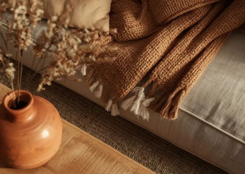 Texture layering ideas for earth-tone interiors using natural fabrics, wood, and ceramics for cozy home design Close-up of earth-tone textures including linen cushions, wool blanket, jute rug, and ceramic decor in cozy apartment interior styling