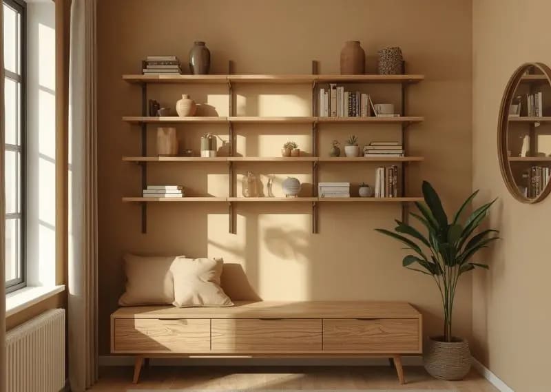 Smart vertical storage solutions for small apartments with earth-tone styling and minimal clutter organization Vertical storage shelves in small apartment styled with earth-tone decor, wooden shelves, ceramic jars, and minimal organized aesthetic design