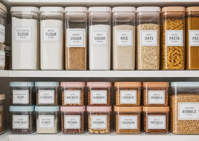 Labeled pantry containers organized by category with clear food identification and storage labels.