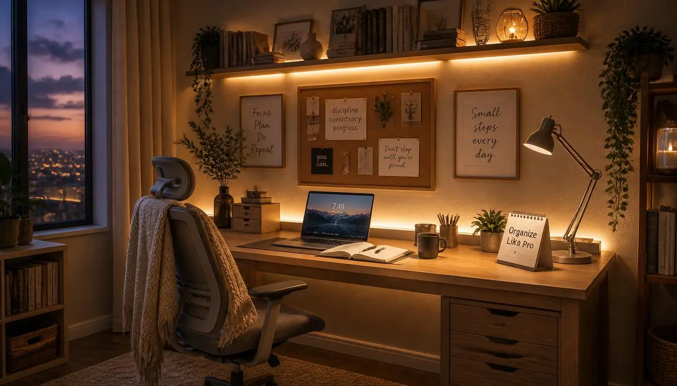 DIY LED Lighting Ideas for Study Room Cozy DIY study room with warm LED strip lighting around a modern desk setup.